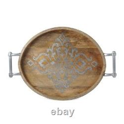 GG Collection Mango Wood withMetal Inlay Heritage LG Oval Tray withHandles 26x20