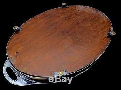 Gorgeous V. Large Antique Art Nouveau Sterling Silver & Inlaid Wood Serving Tray