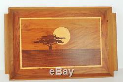 Genuine Teak Wood Tree Sun Inlay Tray Handles 13 x 19 Rectangular Serving