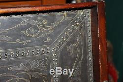 HUGE Antique Victorian Wood Serving Tray WithMetal Inlay Scrolls-Hand Handles