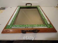 HUGE GLASS MOSAIC INLAID ART DECO TRAY PLATTER CARVED WOOD 1930s 58 CM ANTIQUE
