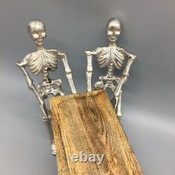 Halloween Metal Skeletons Holding Serving Wood Platter Tray Walking Dead Decor