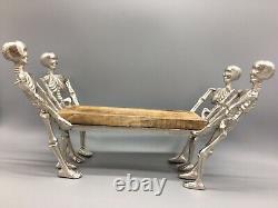 Halloween Metal Skeletons Holding Serving Wood Platter Tray Walking Dead Decor