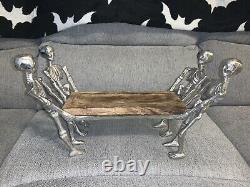 Halloween Silver Metal Skeletons Holding Platter Wood Tray New 16