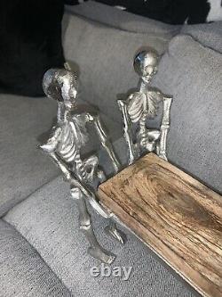 Halloween Silver Metal Skeletons Holding Platter Wood Tray New 16
