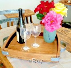 Hand Crafted Wine Barrel Rustic/Vintage Serving Tray with Metal handles