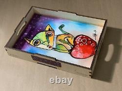 Hand Painted Wooden Serving Tray with Handles 12X 8.7 Cuban Art By LISA