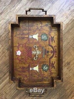 Hand Painted wooden serving tray with handles and round legs New