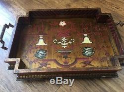 Hand Painted wooden serving tray with handles and round legs New