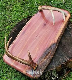 Hand-made Live-edge Cedar and Antler Serving Tray Platter Unique Decor Accent