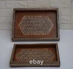 Handcrafted Decorative Wood Breakfast Ottoman Serving Tray Set of 2, Home Décor