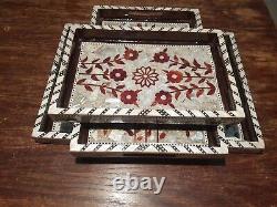 Handcrafted Decorative Wood Serving Breakfast Ottoman Tray Set of 3 Home Décor