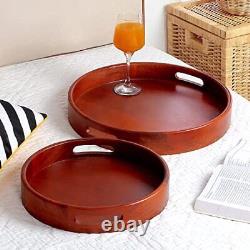 Handcrafted Premium Mahogany Finish Round Wooden Serving Tray for Snacks Plat