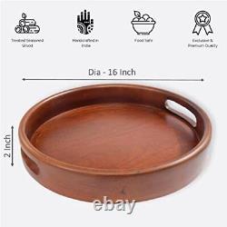Handcrafted Premium Mahogany Finish Round Wooden Serving Tray for Snacks Plat