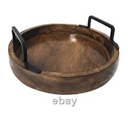 Handcrafted Rustic Wooden Round Serving Trays Round with Galvanized Handles