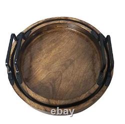 Handcrafted Rustic Wooden Round Serving Trays Round with Galvanized Handles