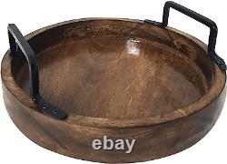 Handcrafted Rustic Wooden round Serving Trays round with Galvanized Handles Brow