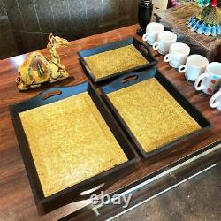 Handcrafted Wooden And Brass Snack Serving Tray Set Of 3 For Table Decor