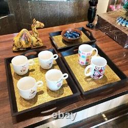 Handicraft Serving Tray Set of 3 Brass work on wood Tray Breakfast Coffee