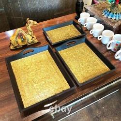Handicraft Serving Tray Set of 3 Brass work on wood Tray Breakfast Coffee