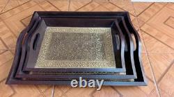 Handicraft Wood and Brass Serving Snack Tray Set of 3 for Table Decor