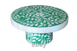 Handmade Antique Style Bone Inlay Floral Design Cake Stand Serving Tray Green