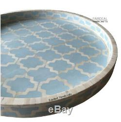 Handmade Bone Inlay Decorative Wooden Round Serving Tray Moroccan Pattern
