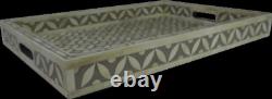 Handmade Bone Inlay Rectangular Serving Tray Grey Geometric Tray