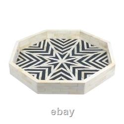 Handmade Bone Inlay Tray Octagon Black & White Home Decor Art