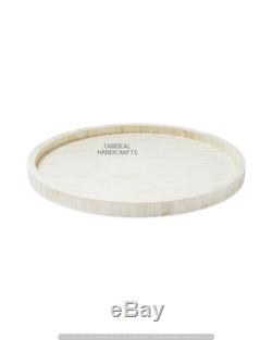 Handmade Bone Inlay White Round Tray Decorative Serving Tray Home Decor Purpose