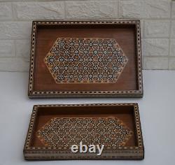 Handmade Decorative Wood Serving Tray Set of 2, Home Décor Breakfast Ottoman Tray