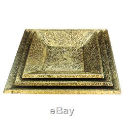 Handmade Decorative Wooden Serving Coffee Tray, Set of 3 with Brass Work Vintage