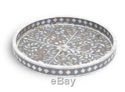 Handmade Indian Antique Mother Of Pearl Inlay Small Round Serving Vanity Tray