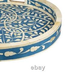 Handmade Kitchen Serving Tray Bone Inlay Flower Platter Home Decor Vintage Art