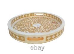 Handmade Kitchen Serving Tray Bone Inlay Round Tray Dining Table Tray Home Decor