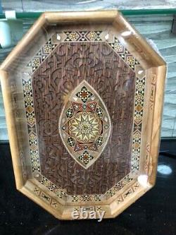 Handmade Mosaic wood Tray inlaid Mother of Pearl Hand Carved Walnut 14x20 Inch