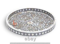 Handmade Mother Of Pearl Inlay Tray Decorative Serving Round Tray Floral Tray