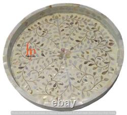Handmade Mother Of Pearl Inlay Tray Decorative Serving Round Tray Floral Tray