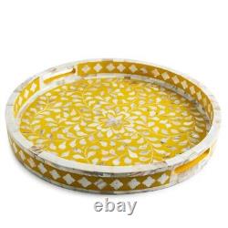 Handmade Mother Of Pearl Round Serving Tray Vintage Dining Table- Mustard