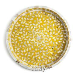 Handmade Mother Of Pearl Round Serving Tray Vintage Dining Table- Mustard
