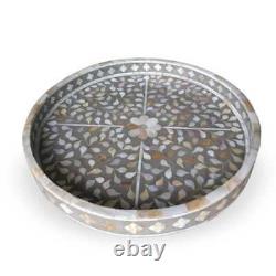 Handmade Round Tray Bone inlay Flower Design Grey Serving Decorative inlay tray