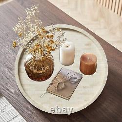 Handmade Serving Tray, Bone Inlay Round Tray, Wooden White Home Decorative