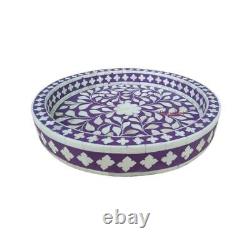Handmade Serving Tray Kitchen Platter Bone Inlay Floral Round Tray Wooden Inlay