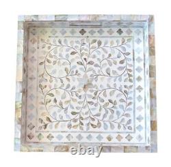 Handmade Serving Tray Mother of Pearl Floral Square White