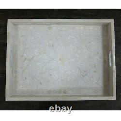 Handmade White Floral Wooden Mother of Pearl Decorative Serving Tray