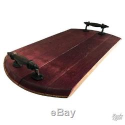Handmade Wine Barrel Wood Serving Tray With Rustic Iron Handles