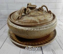 Handmade Wood Fired Ash Glazed Pottery Casserole Oven Dish, Lid & Serving Tray