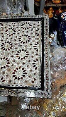 Handmade Wooden Tray Mosaic Inlay with Pearls Damascus Syrian Serving Tray #2