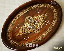 Handmade Wooden Tray Mosaic Inlay with Pearls Moroccan Syrian Serving Decor Tray