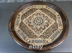 Handmade round wood Tray inlaid Mother of Pearl Hand Carved Walnut 16x16 Inch